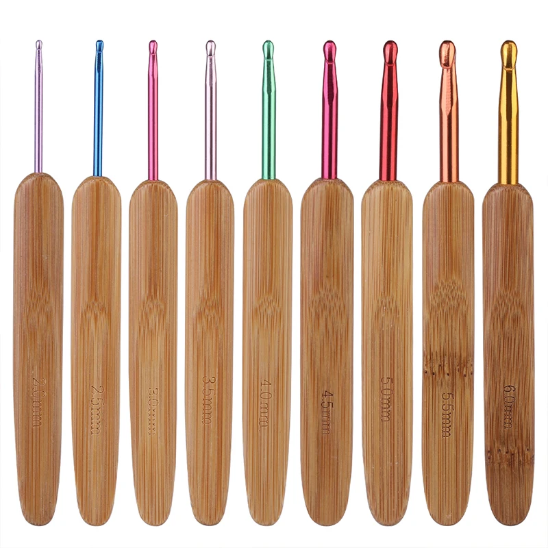 

9 шт. Нескользящая бамбуковая ручка RORGETO, набор для вязания крючком с цветной головкой, вязание крючком, инструмент для шитья, используемый для ручной вязки
