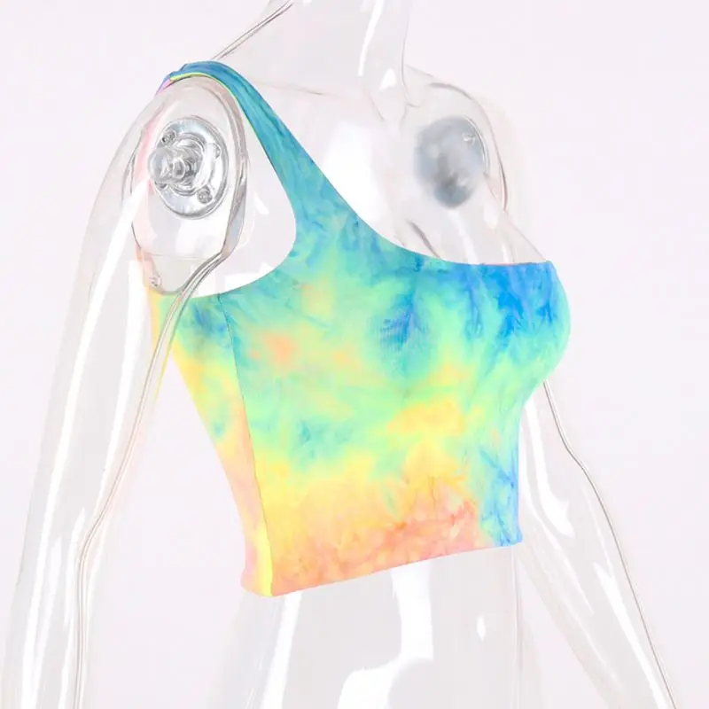 Women Summer Rainbow Colorful Tie-Dye Crop Tube Top Sexy One Shoulder Backless Bandeau Vest Festival Party Streetwear | Женская одежда
