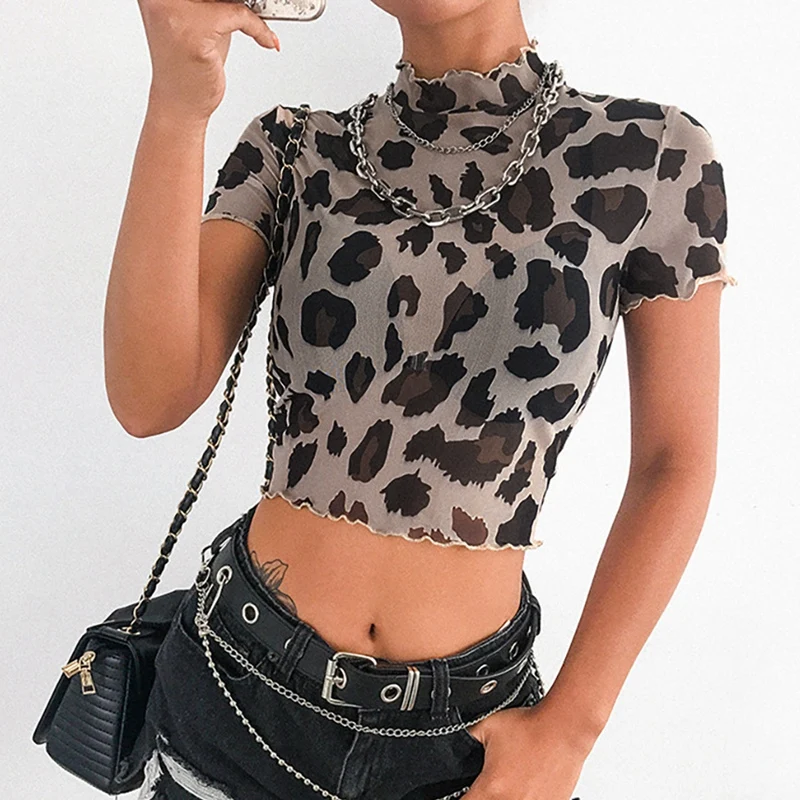 

Женская Сетчатая футболка цвета хаки с коротким рукавом и леопардовым принтом