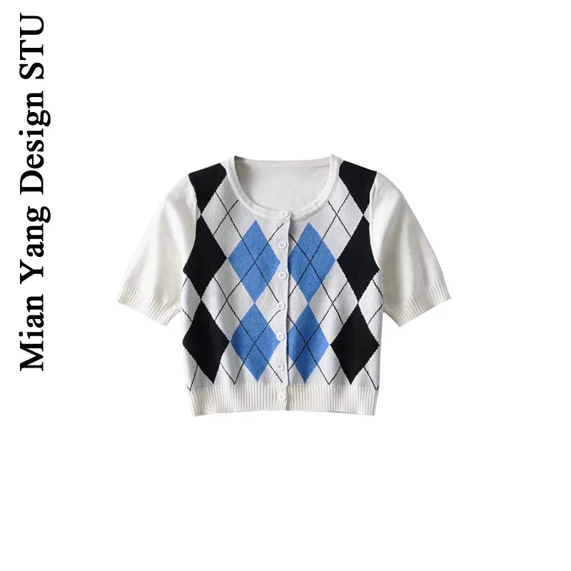 Mian yang Весна Новый стиль свитер с коротким рукавом мульти все матч ромб небольшой