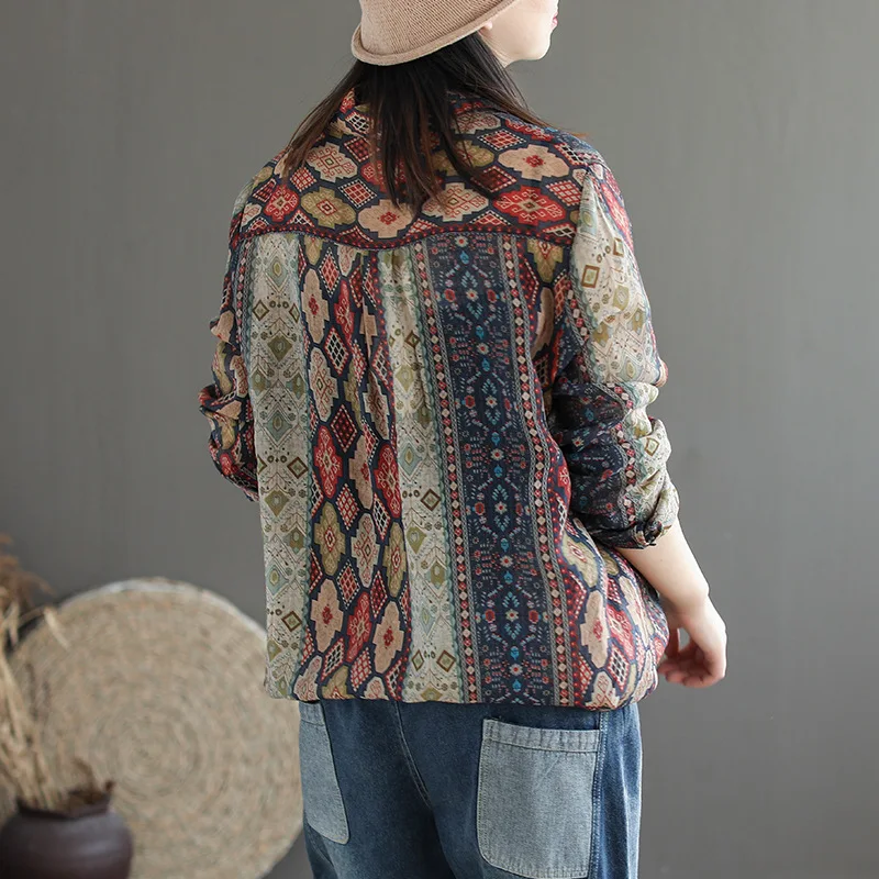 Рубашка женская в этническом стиле из хлопка и льна с винтажным принтом тонкая