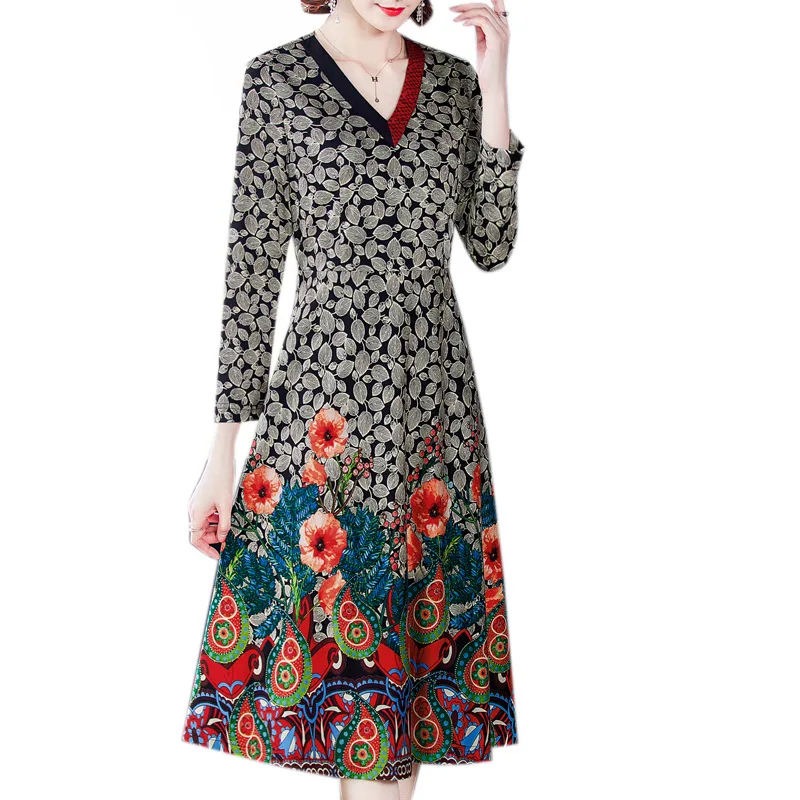 

2020 Fall New Fashion Slim Temperament V-neck Printed Long Sleeve Dress Female Large Size M-4XL High Quality Elegant vestidos
