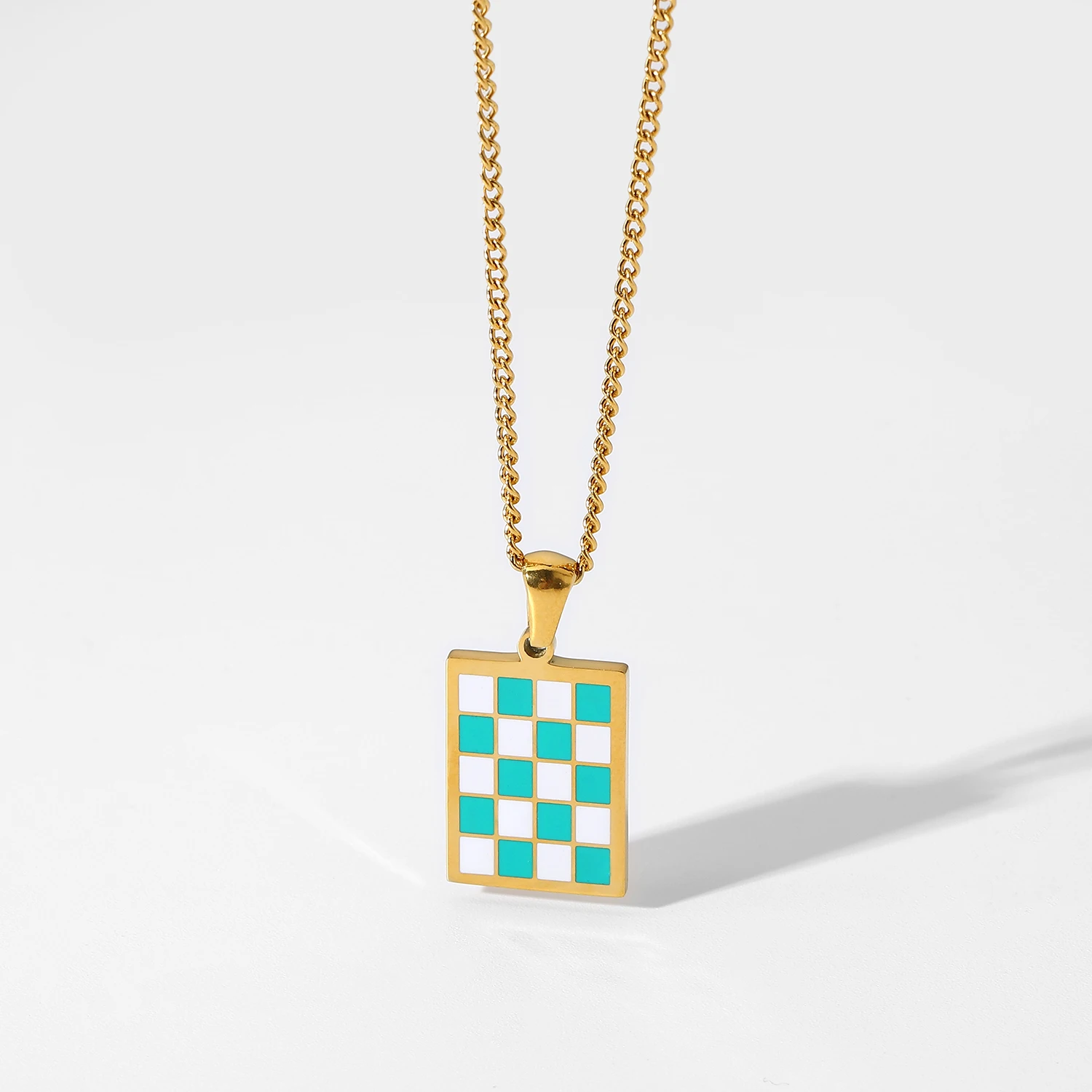 

18K Gold Plated Stainless Steel Blue White Enamel Checkerboard Grid Pendant Necklace For Women Girls Party Jewelry Accessories