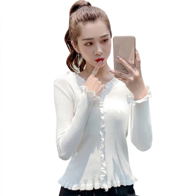 Женский Деревянный вязаный однотонный короткий свитер с v-образным вырезом