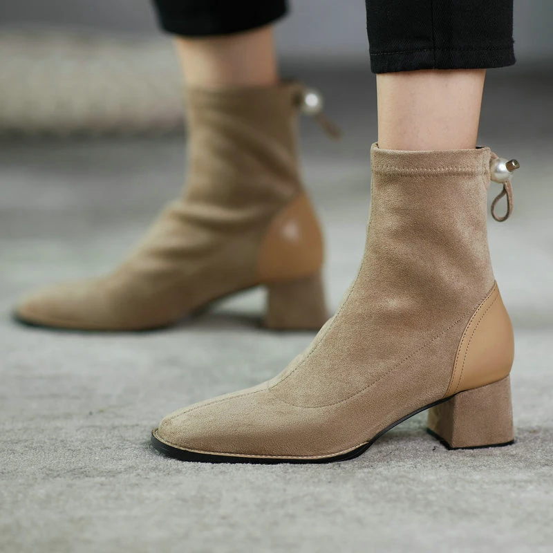 

Retro Square Toe Women's Office Boots patchwork Genuine Leather Thick Heels Shoes Woman Autumn Winter Working Basic Ankle Boots