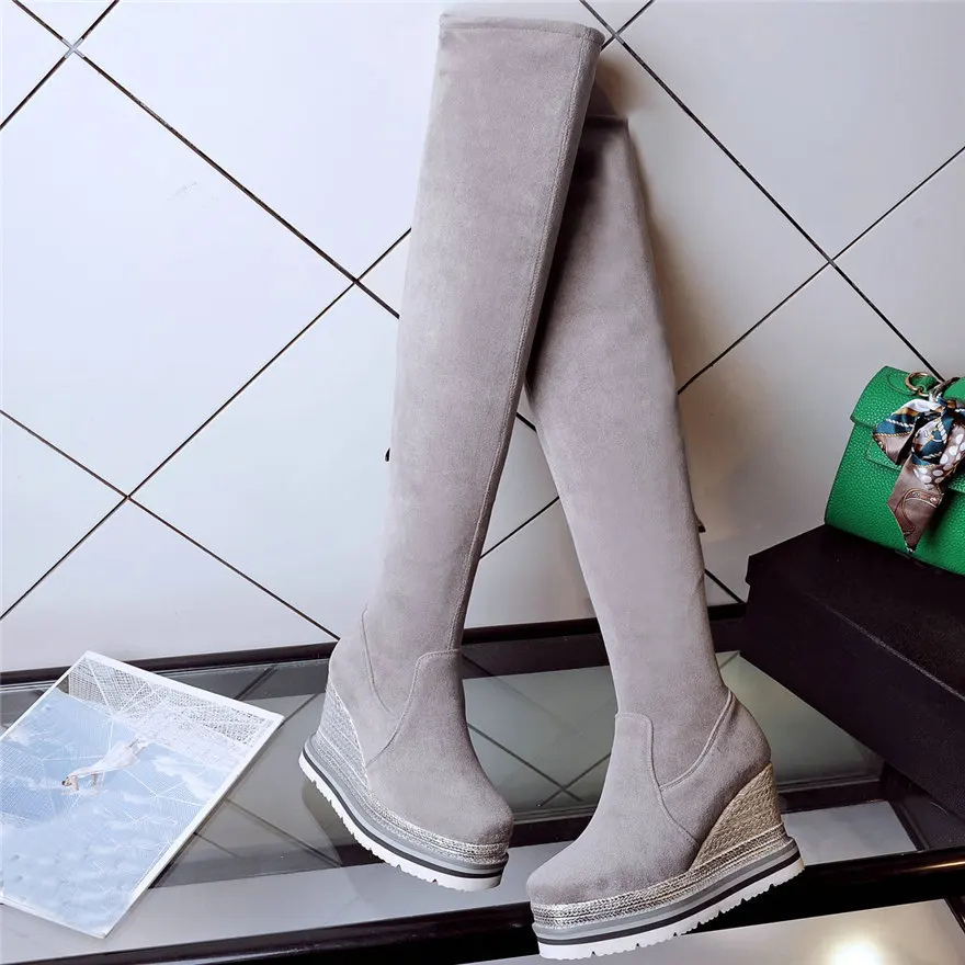 

Women Genuine Leather Stretchy High Heels Over The Knee High Boots Female Velvet Slim Leg Square Toe Thigh High Fashion Sneakers