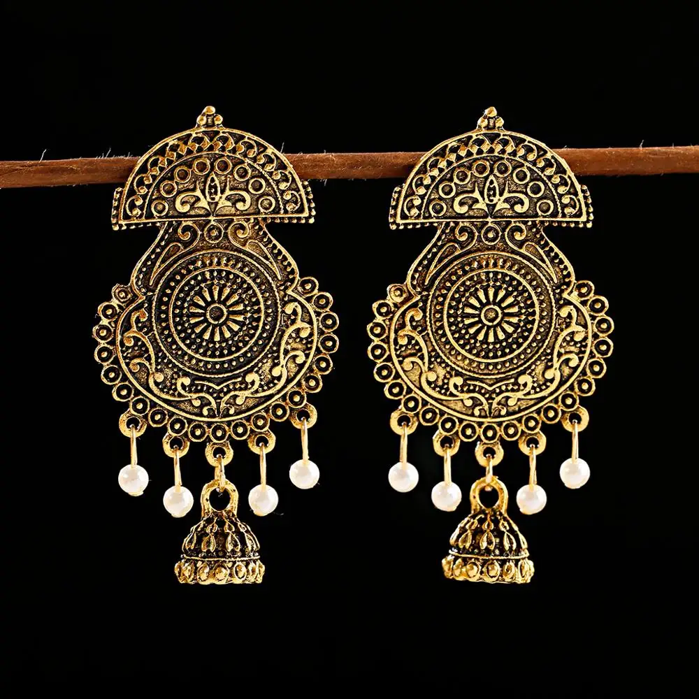 Цыганские серьги с жемчужинами и кисточками в индийском стиле Jhumka для женщин, богемные Ретро Золотые Зеркальные колокольчики, тибетские сережки oorbellen