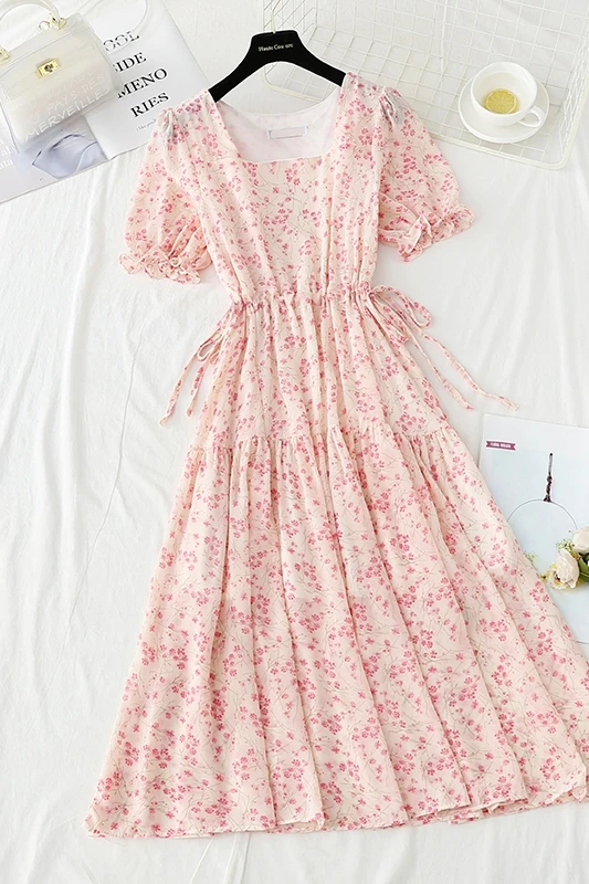 

2021 Floral Print Ruffled Summer Dress Women Elegant Drawstring Puff Sleeve Female Chiffon Dress Bohemian Sweet Long Dress