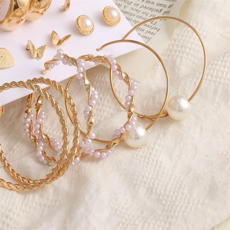 

Big Pearl Butterfly Drop Earrings Set for Women Fashion Gold Star Round Circle Chain Earrings 2021 New Set of Earrings Jewelry