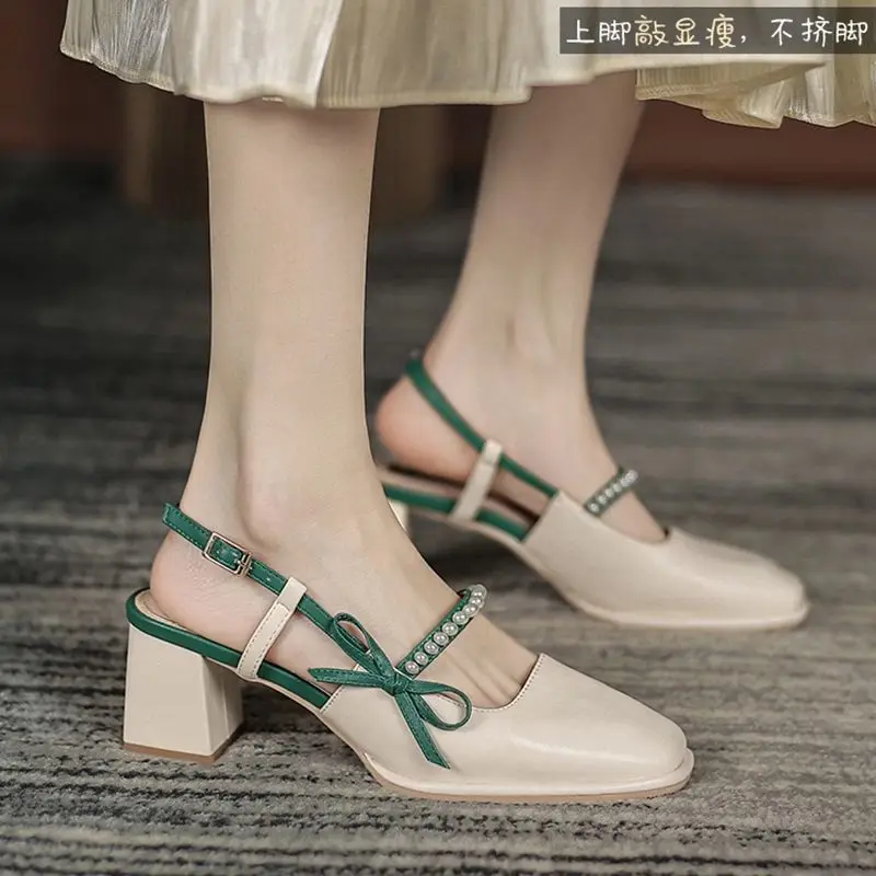 

Square Toe Sandals Woman,2021 Summer Block Heels,Mary Janes Pearls Bowtie Shoes,Ankle Buckle Strap,Green,Orange,Dropshipping