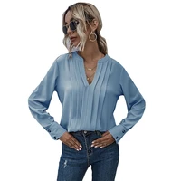 wywmy women chiffon blouse v neck long sleeved pleated chiffon commute pullover shirt business office solid color lady blusas