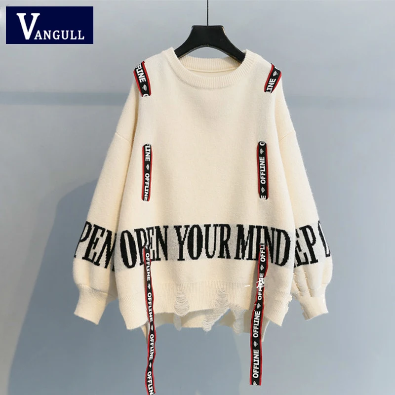 Vangull Knitted Women Sweater 2020 new Winter Fashion Letter Printed Ribbon Loose Irregular long sleeve Pullovers | Женская одежда