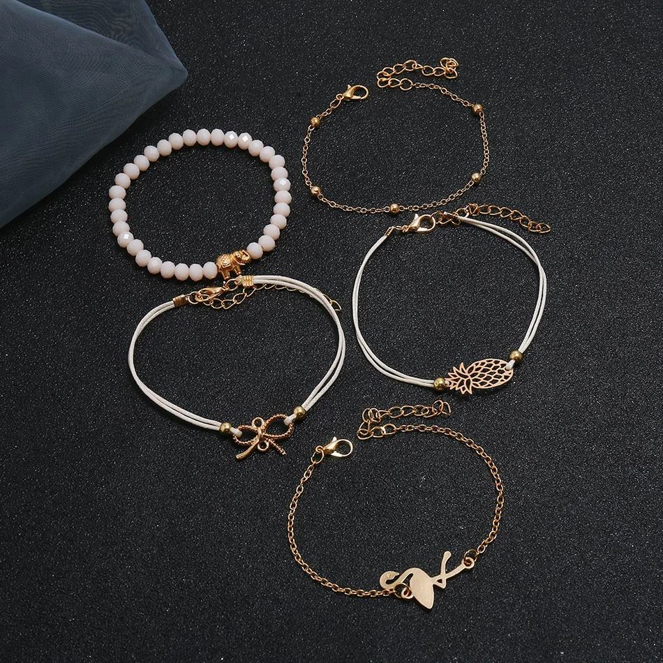 

Fashion Boho Charm Chain Bead Bracelets Set Woman Gold Bowknot Animals Geometric Hollow Circle Cuff Link Bracelet Female Jewelry