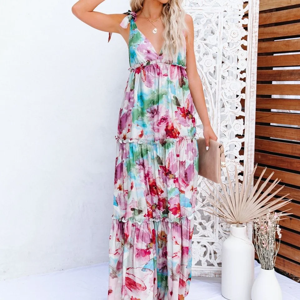 

Tie Dye Print Long Dresses Women Tie Shoulder Sleeveless Ruffle Chiffon Floor Dress Sexy Backless Big Swing Beach Dress Vestido