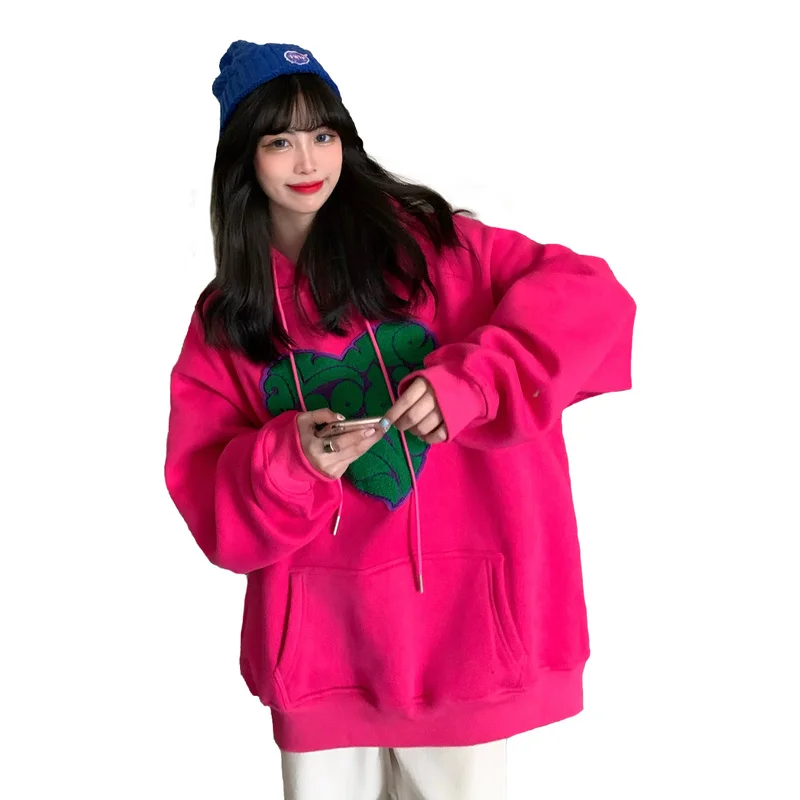 

Real Shot Autumn and Winter Korean Style Love Embroidery Loose Mid-length Rac