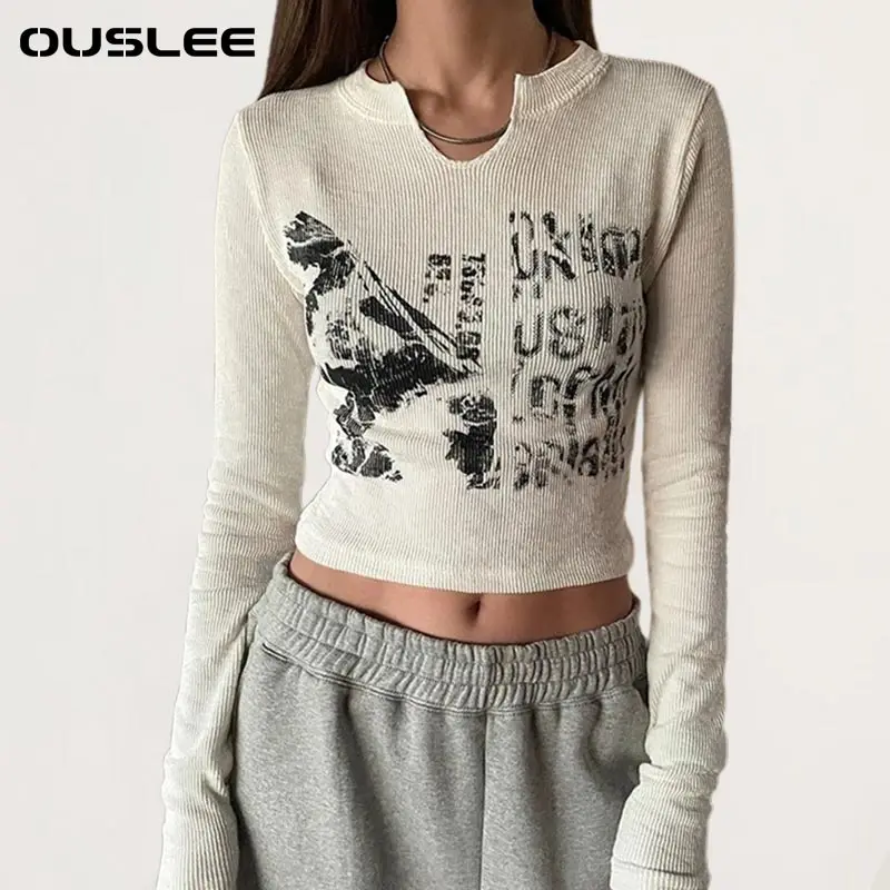 

УКОРОЧЕННЫЙ ТОП OUSLEE Y2K с длинным рукавом и винтажным буквенным принтом, женская сексуальная облегающая Осенняя футболка в Корейском стиле, ...