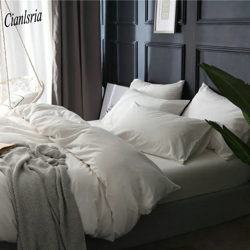 

Cianlsria Hotel White Solid Color Washed Cotton Bedding Sets Yarn-dyed Solid Color Home 4 PCE Bed Sheet Quilt Cover Pillowcase