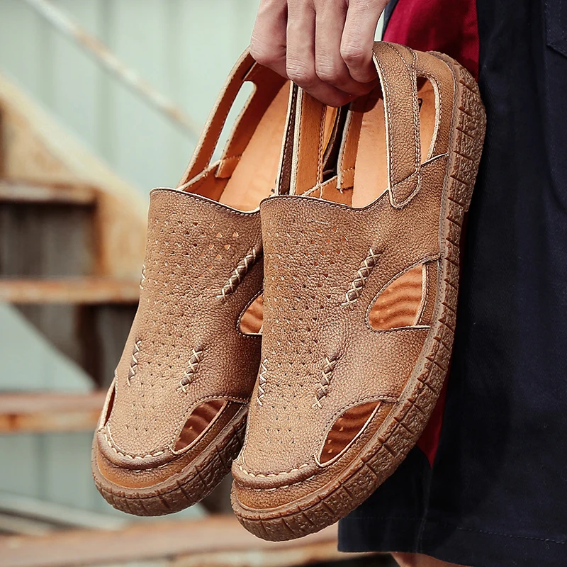 

Сандалии мужские из дышащей кожи, повседневная обувь, лоферы без застежки, очень мягкие резиновые стельки, удобная обувь для вождения, лето