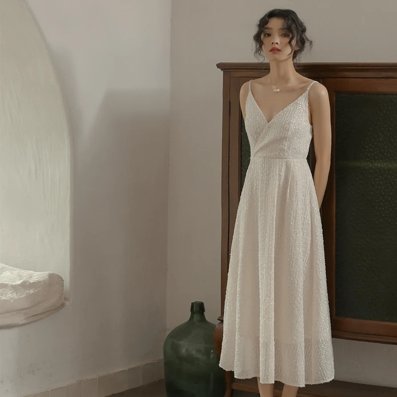 

Women Long White Sequins Slip Dress Summer 2022 Runway Elegant Backless Korean Slim Maxi Dress Casual Party Night Beach Vacation