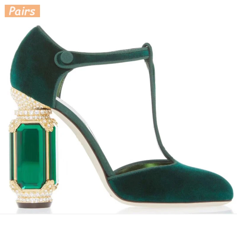

Square Heels Women Pumps Flock T Strap Shoes Women Sexy Point Toe Crown Crystal High Heel Office Pumps Shoes Wedding
