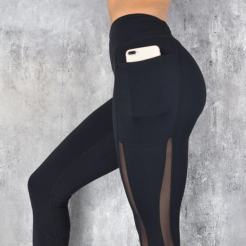 

High Waist Workout Black Legging Mesh Splicing See Through Fitness Leggings Tights Sport Sweat Yoga Pants For Women