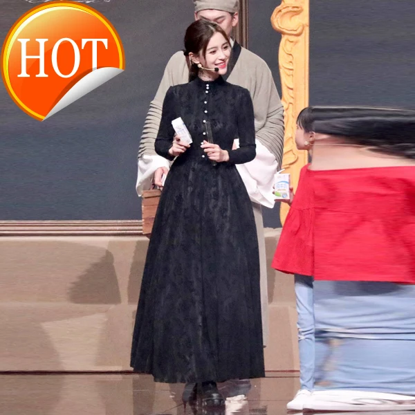 

New style Ying's same black lace evening dress long skirt waist dress