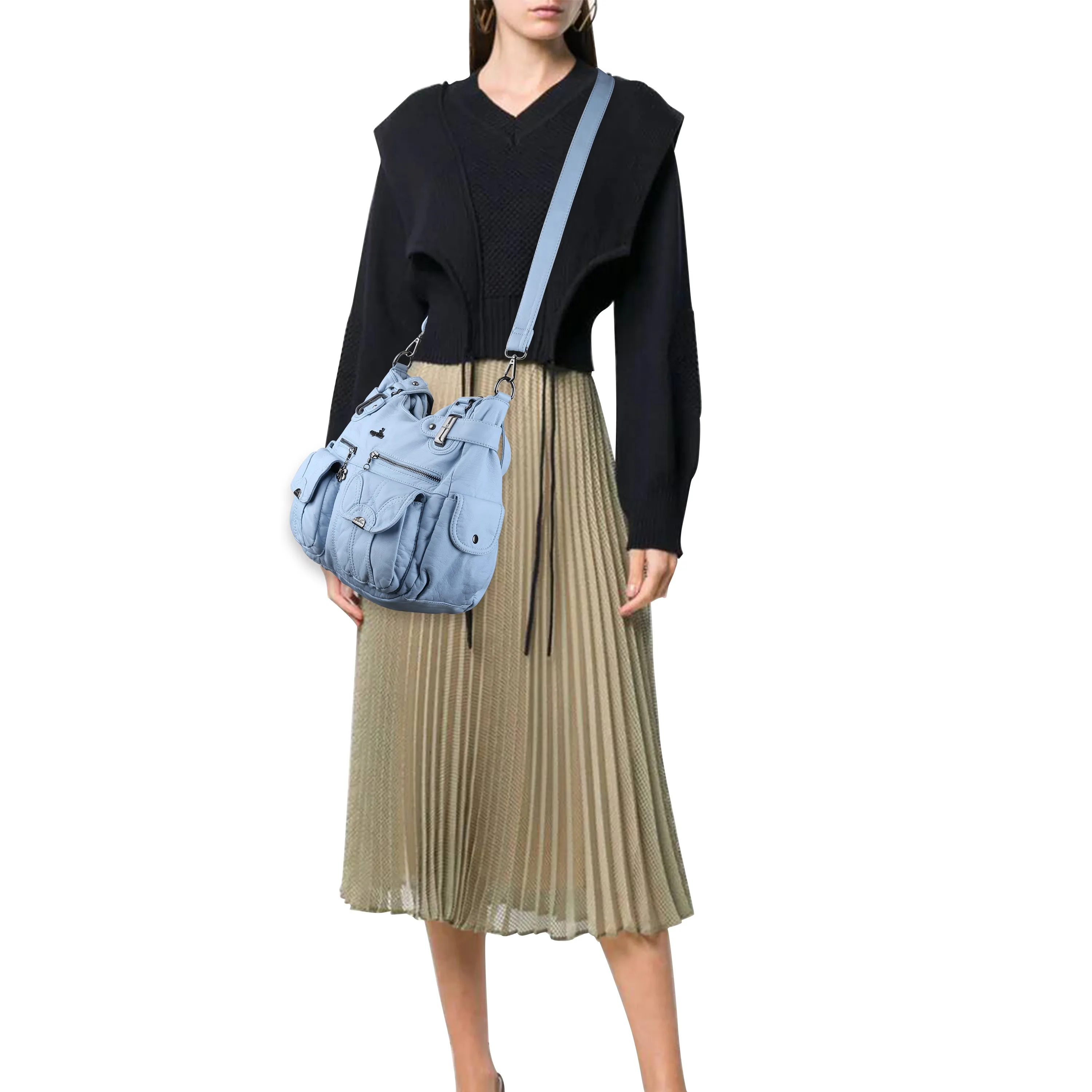 

Angelkiss Brand Washed PU Handbag Women Shoulder Bag Hobo Handbag Roomy and Sturdy Messenger Bag with Adjustable Long Strap