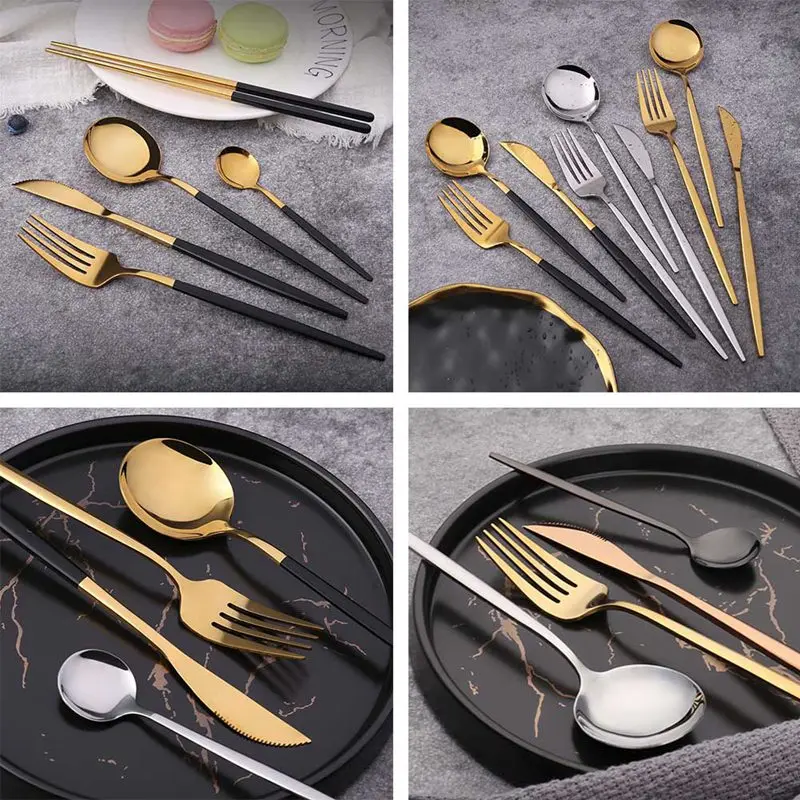 

4pcs Black Gold Cutlery Set Stainless Steel Dinnerware Silverware Flatware Steak Knife Fork Spoon for Restaurant Kitchen Cutlery