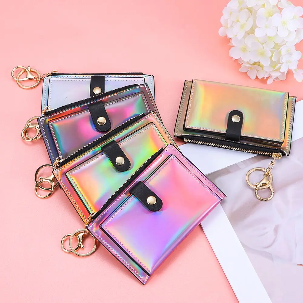 

2022 New Colorful Laser Wallets for Women Korean Style Fashion Keychain Zipper Purse Multi-card Slot Card Holder Coin Purse