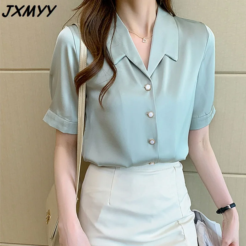 

short-sleeved satin shirts for women commuter temperament draped texture solid color wild thin tops women clothes