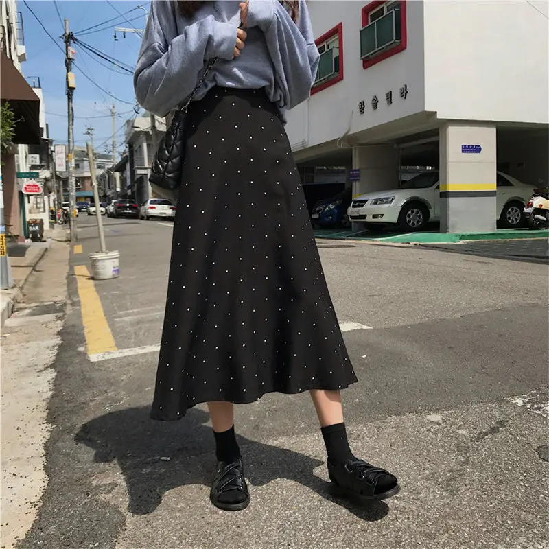 

Retro Black Polka Dots Elegant Mermaid Autumn Vintage Sweet Women High Waist All Match A-Line Large Size Long Skirts