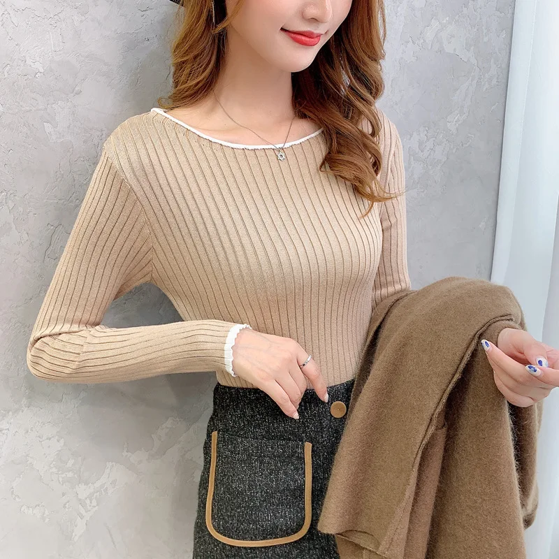 2019 autumn and winter one-collar sweater pullover slim short low-collar tight long-sleeved sweater-0d420 | Женская одежда