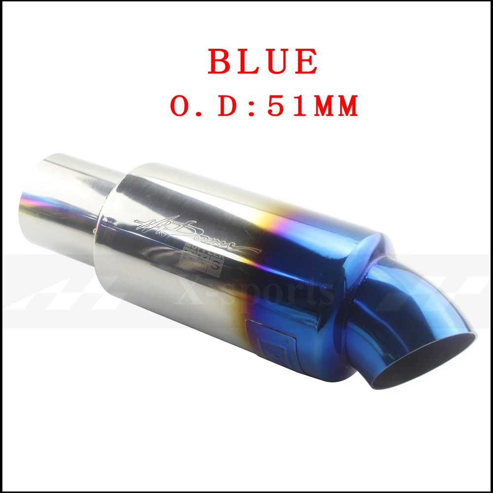 blue 51mm Выхлопная труба для автомобиля, мотоцикла, глушитель, выхлопная труба, высокое качество, универсальная нержавеющая сталь 304, 63 мм, 51 мм, 5 цветов, глушитель, выхлопная труба - Цвет: blue 51mm