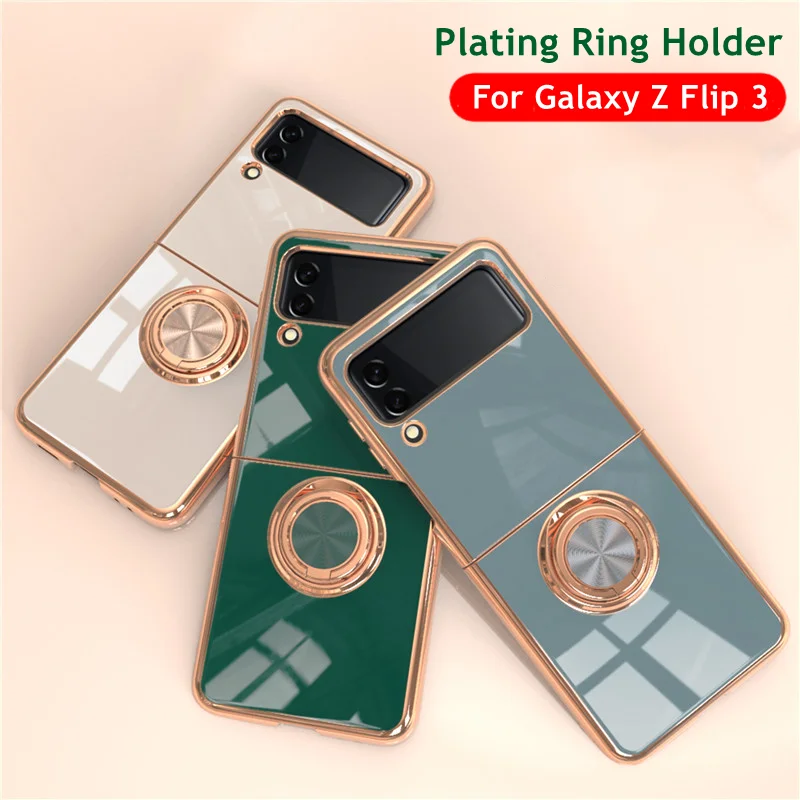 Luxury Plating Case For Samsung Galaxy Z Flip 3 4 5G Funda Silicone Shockproof Phone Ring Holder Cover For Flip4 Flip3 Cases