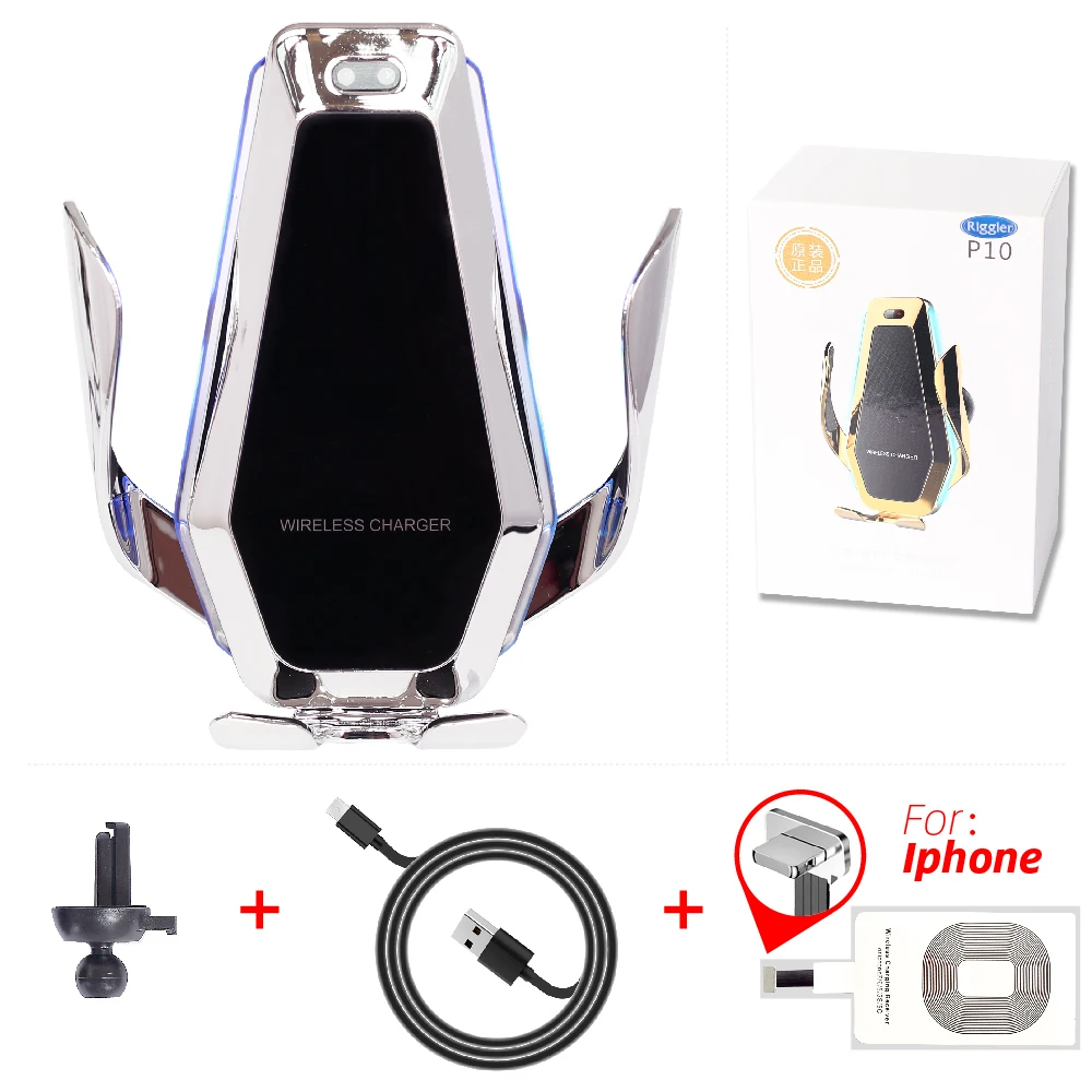 Silver for iphone Автомобильное беспроводное зарядное устройство с автоматическим зажимом, светильник для huawei P30Pro Iphone11 XR XS MAX Qi 10 Вт, держатель для быстрой зарядки - Тип штекера: Silver for iphone