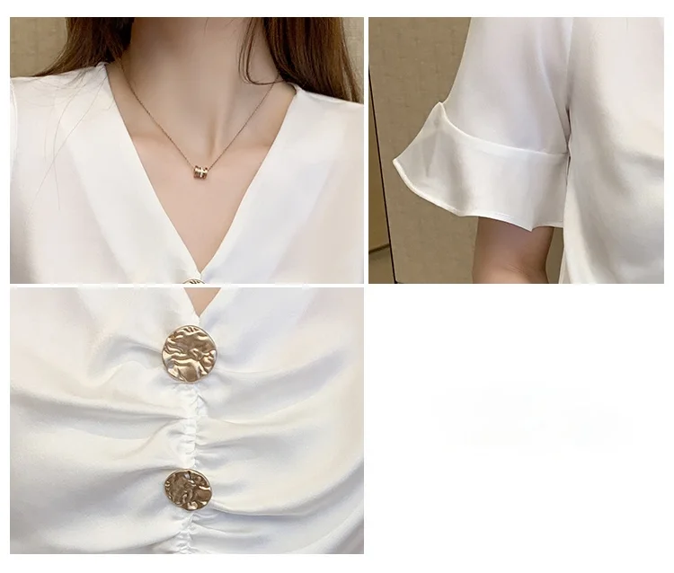 

Blouses Femme Top Short Sleeve White Blouse Tops Women Blusas Mujer De Moda 2021 Verano V-Neck Chiffon Blouse Women Shirt E843