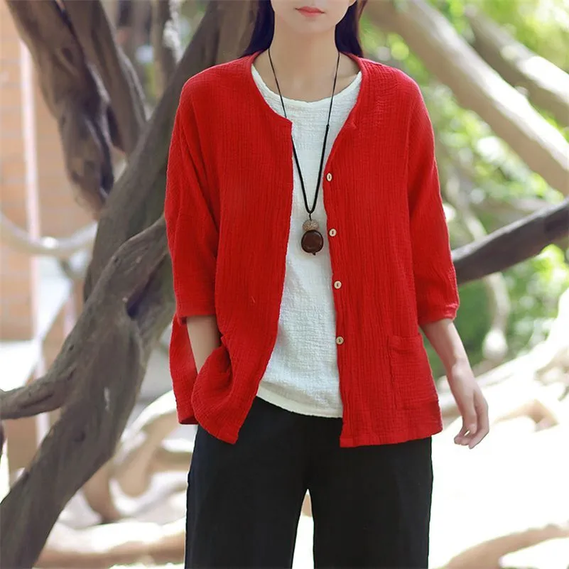 

Women Cotton Linen Chinese Style Jacket Female Button Loose Casual Thin Jacket With Pockets High Street Coat