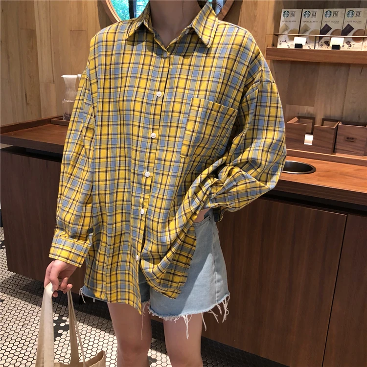 8333 yellow Женские рубашки, классические, Ретро стиль, элегантные, с отложным воротником, с карманами, в клетку, женская рубашка с длинным рукавом, для отдыха, свободный, корейский стиль, для девушек - Цвет: 8333 yellow