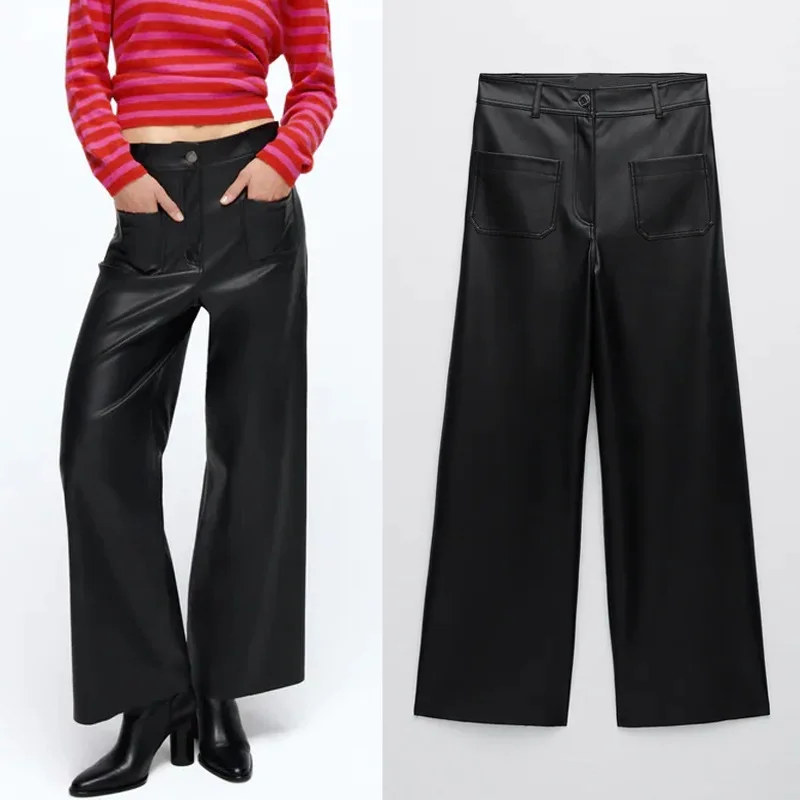 

Black Faux Leather Pants Women Wide Leg Pants Woman High Waist Baggy Trouser Vintage Button Streetwear Women Trouses