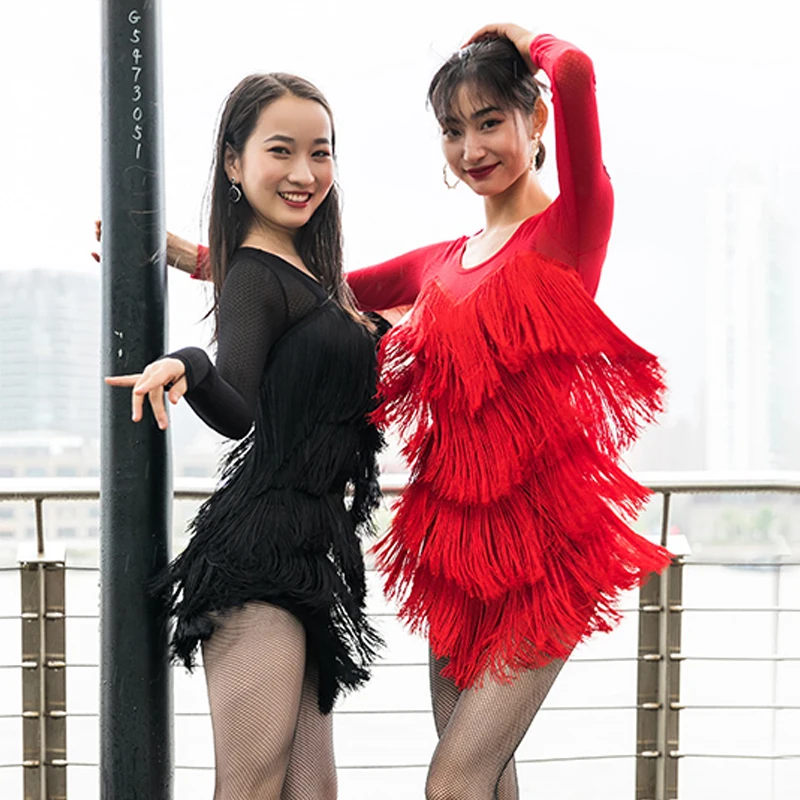 2019 платье для латинских танцев с длинным рукавом бахромой взрослых красное
