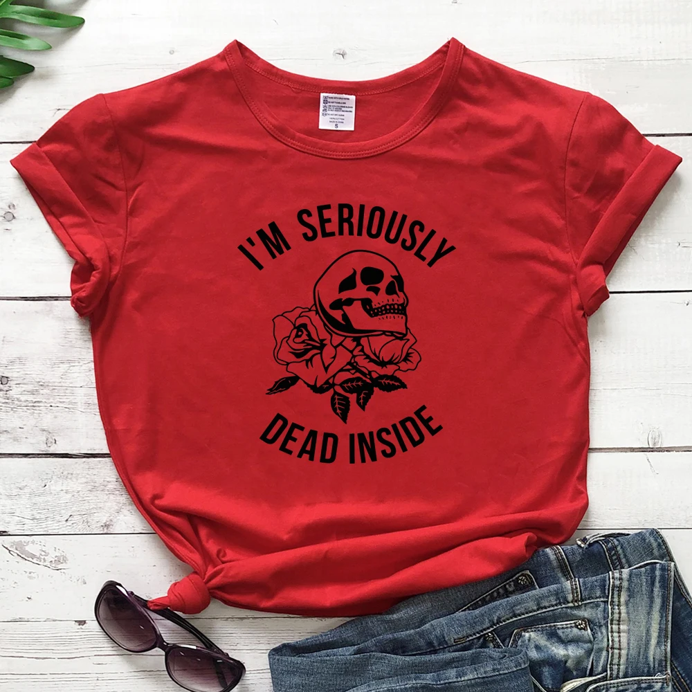 red-black text Футболка с принтом «I'M Dead Inside Skull»; Летняя Повседневная футболка с короткими рукавами и принтом в виде черепа; стильная футболка в стиле Харадзюку С гранж; модные топы; Camisetas - Цвет: red-black text