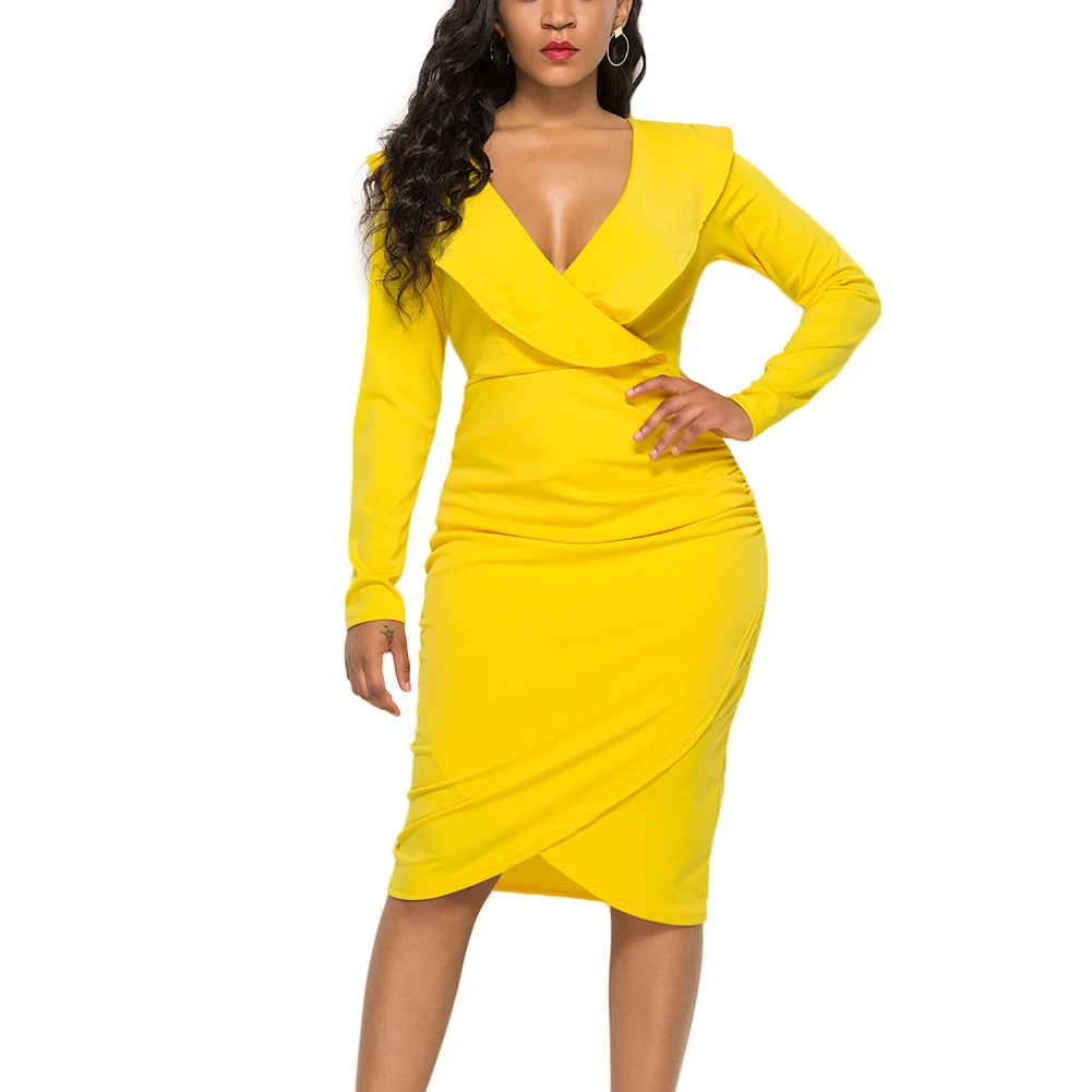 

Women Bodycon Ruffles Deep V Neck Long Sleeve Midi Dress for Summer JL