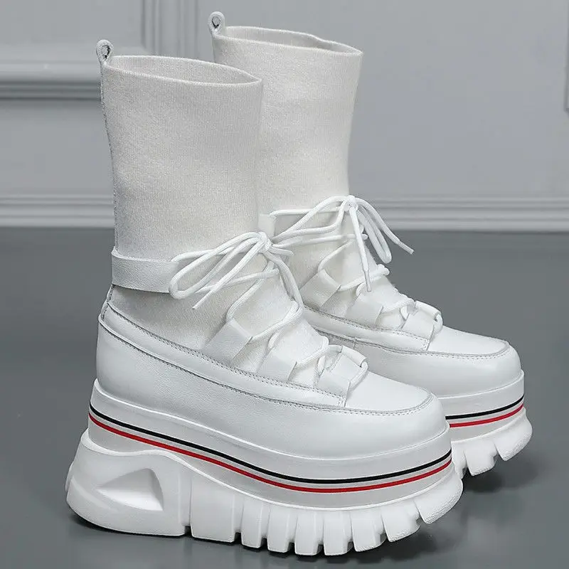 

Fashion Ankle Boots Women's Shoes Lace Up Round Toe Punk Platform Boots Women Stretch Socks Sexy Slim Goth Martin Boots Booties
