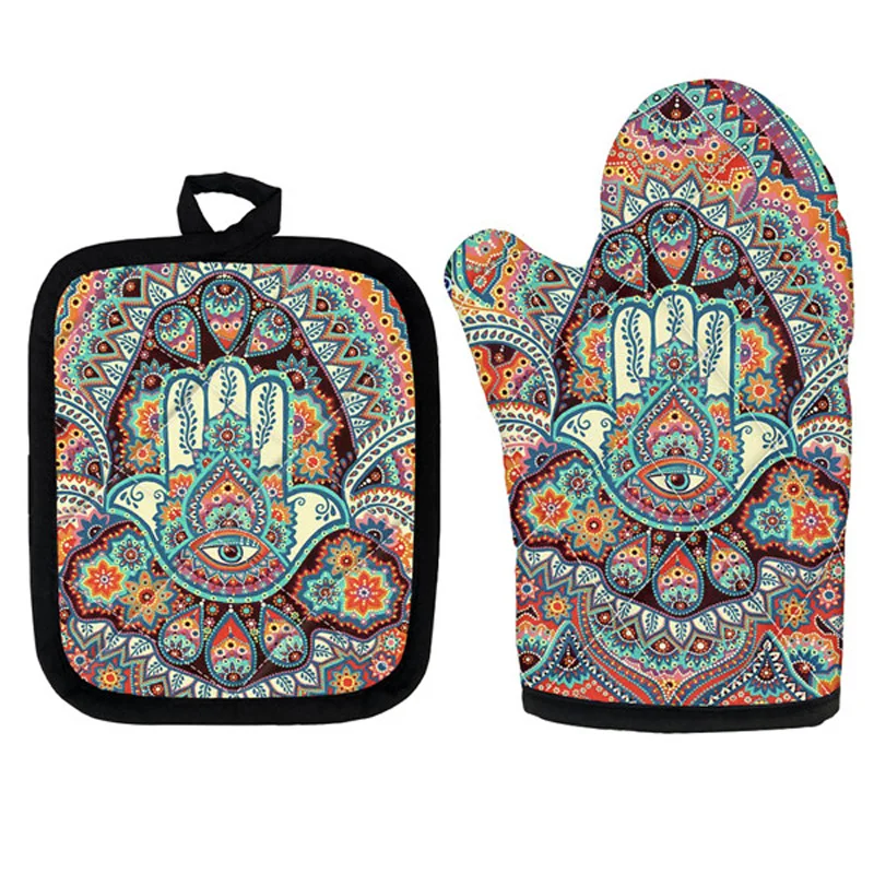 

Fashion Hamsa Art Design 2Pc/Set Microwave Oven Glove Mitt Potholder Kitchen Cooking Polyester Gloves For Bbq Baking Party Mitts