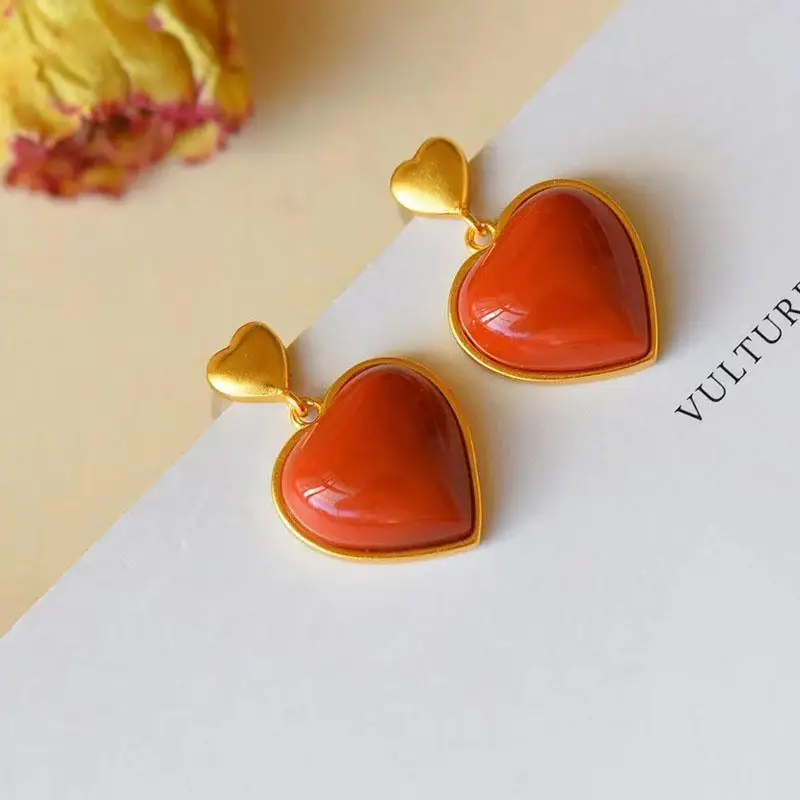 

Natural Full Color Full of Meat South Red Love Heart Earrings 925 Sterling Silver Inlaid Ear Studs Matte Valentine's Day Gift