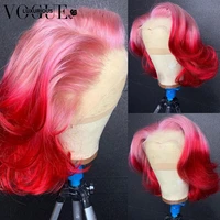 pink to red ombre human hair wig with baby hair 14inch glueless shot wig remy brazilian 13x4 bob lace front wigs for black women
