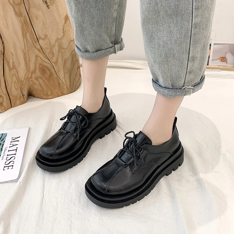 

Women Oxford Shoes Leather Lace Up Casual Platform Sewing Office Brown Black Flats 2021 Spring Autumn Retro Thick Bottom Shoe