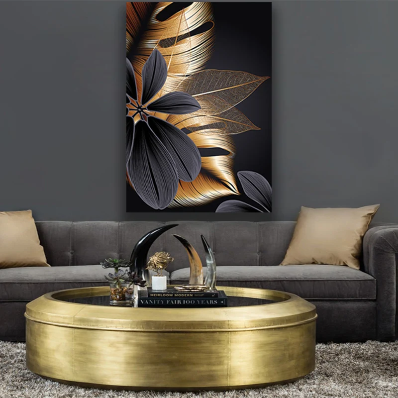

Black Golden Plant Leaf Canvas Poster Print Modern Home Decor Abstract Wall Art Painting Nordic Living Room Decoration Picture