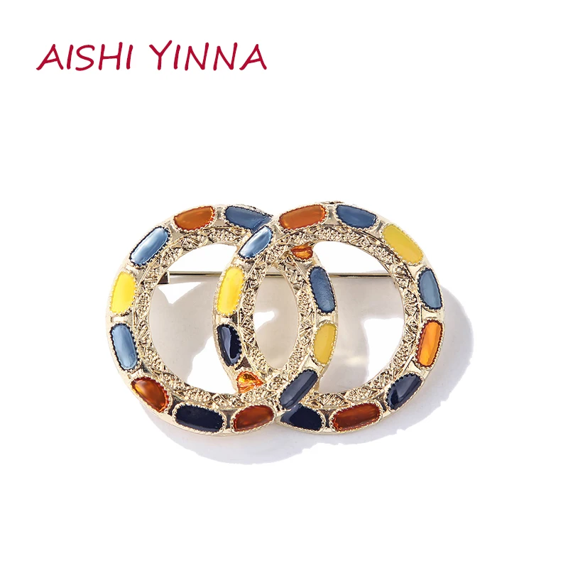 

AISHI YINNA Fashion Antique Double-Ring Oil Drip Enamel Brooch Men And Women Vintage Anti-Glare Brooch Jewelry Gift