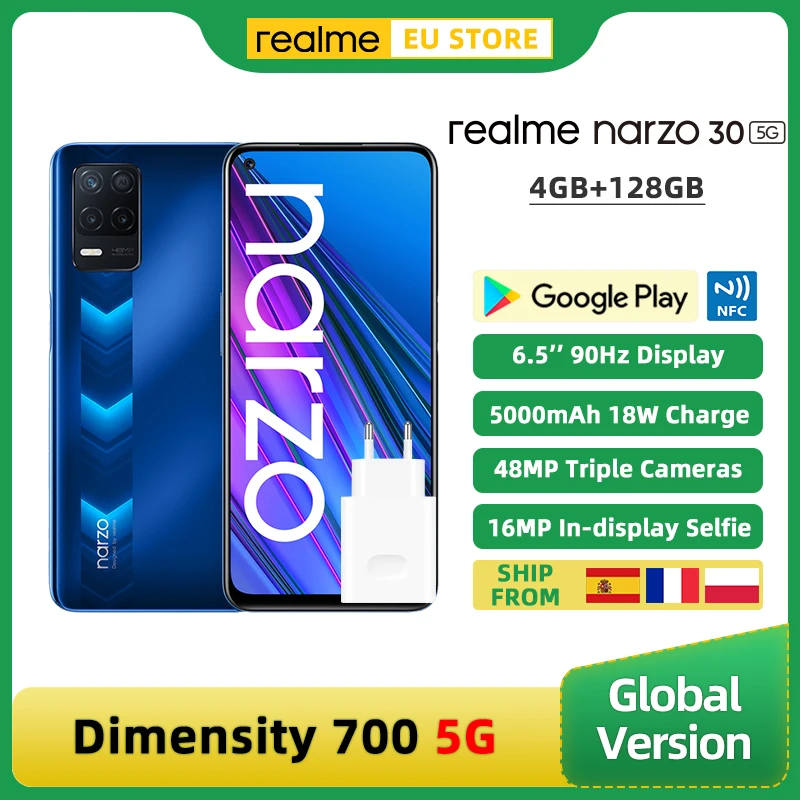 Глобальная версия realme Narzo 30 5G смартфон 4 Гб 128 Dimensity 700 5G 6,5 дюйм 90 Гц Дисплей 48MP тройной Камера 5000 мА-ч